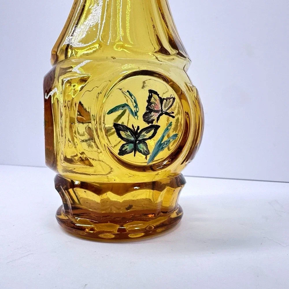 Vintage Amber Glass Bottle Vase Hand Painted Floral Panels Narrow Neck Decor‎